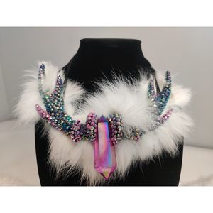 Purple Flame Aura Angel Clear Quartz Deer Antler Necklace with Fox Fur